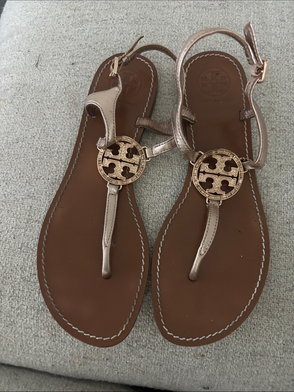 Tory Burch Metallic Rose Gold T-Strap Logo Sandals